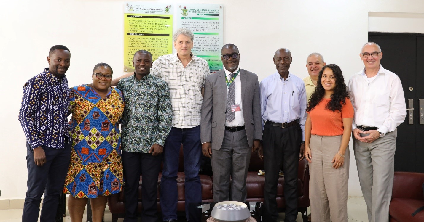 From right: Dr. Wolf Stefan from Technische Universität Berlin, Andrea Ruiz, Research Associate, Technische Universität Berlin, Dr. Osvaldo Romero, SRH Berlin University of Applied Science, Prof. William Oduro, former Dean of the International Programme Office, KNUST, Prof. Kwabena Biritwum Nyarko, Provost of the College of Engineering, Dr. Joerg Longmuss, SUSTAINUM - Institut für zukunftsfähiges Wirtschaften Berlin, Ing. Dr. Joseph Oppong Akowuah, Director of The Brew-Hammond Energy Center, Dr Lena Dzifa Mensah. 